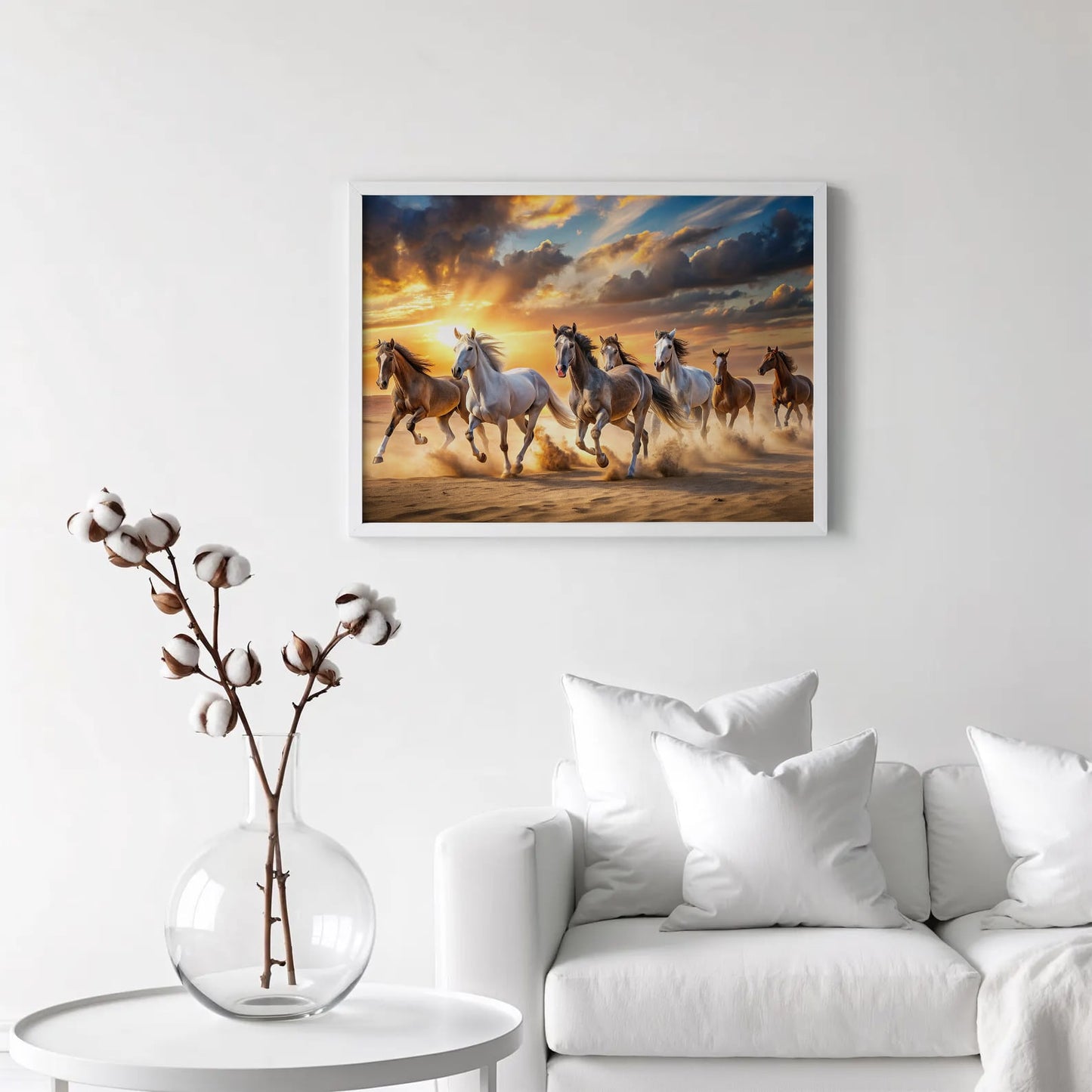 7 Running Horses Vastu Wall Art Frame | Lucky Horse Painting with Sunrise for Home & Office Decor