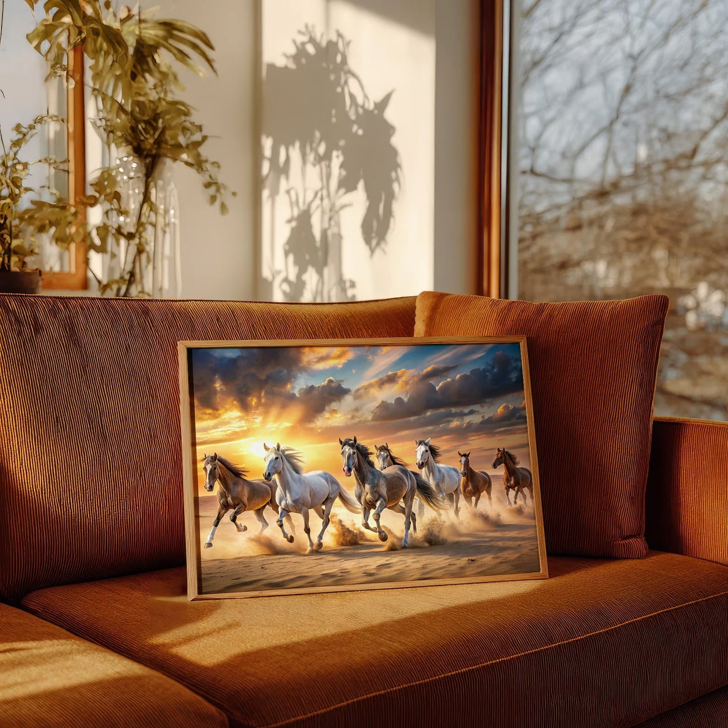7 Running Horses Vastu Wall Art Frame | Lucky Horse Painting with Sunrise for Home & Office Decor