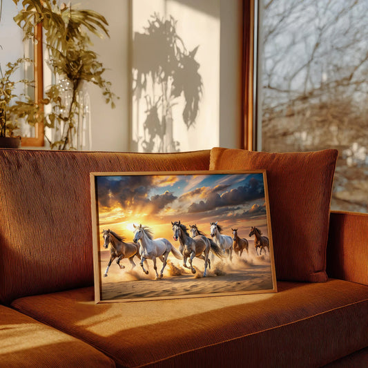 7 Running Horses Vastu Wall Art Frame | Lucky Horse Painting with Sunrise for Home & Office Decor