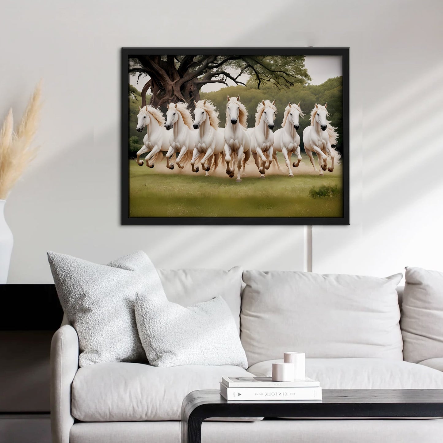 7 White Horses Running Vastu Wall Art Frame | Lucky Horse Painting for Home & Office Decor