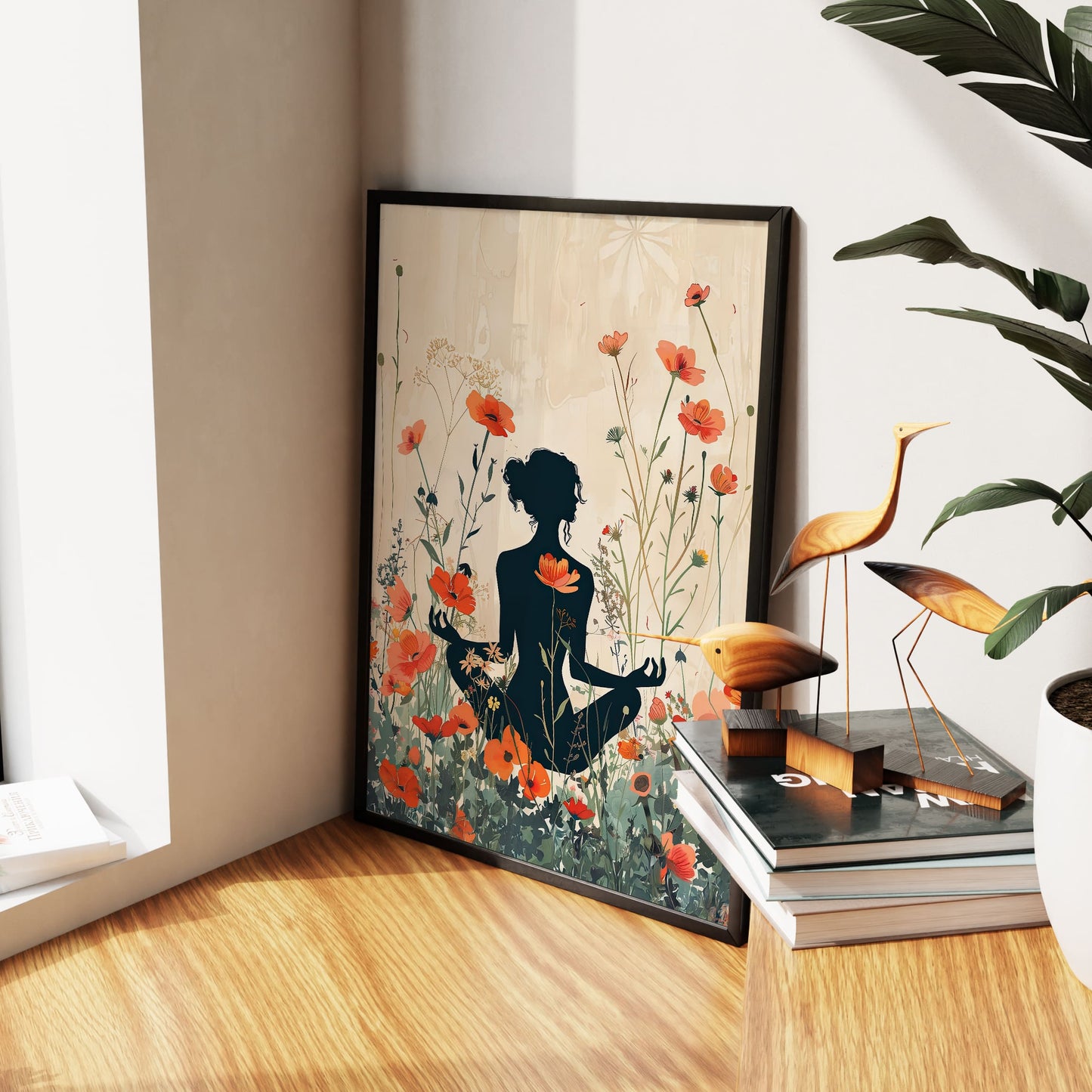 Digitally Style Yoga With Flower Background Wall Art