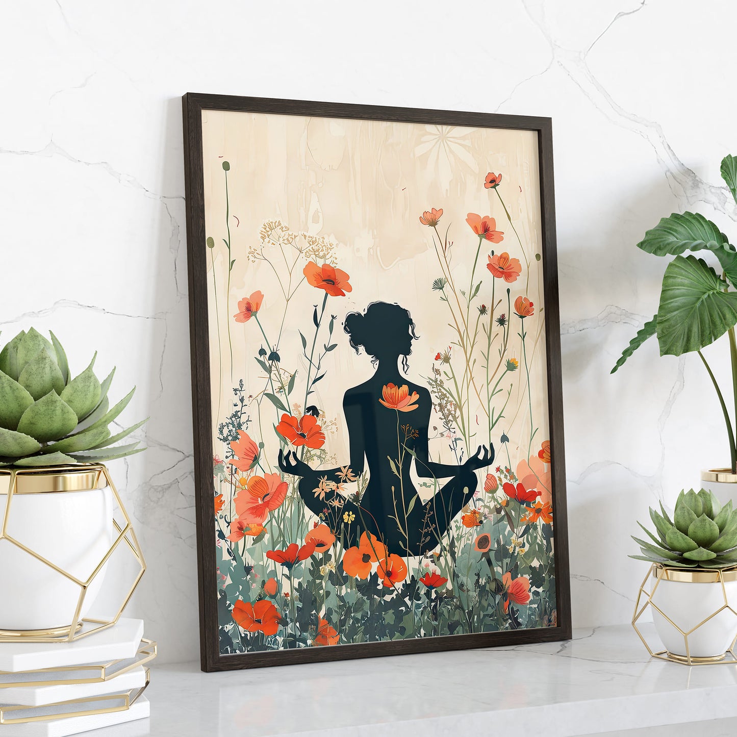 Digitally Style Yoga With Flower Background Wall Art