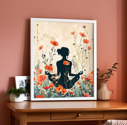 Digitally Style Yoga With Flower Background Wall Art