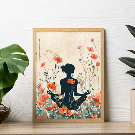Woman Yoga With Flower Background Wall Art Frame