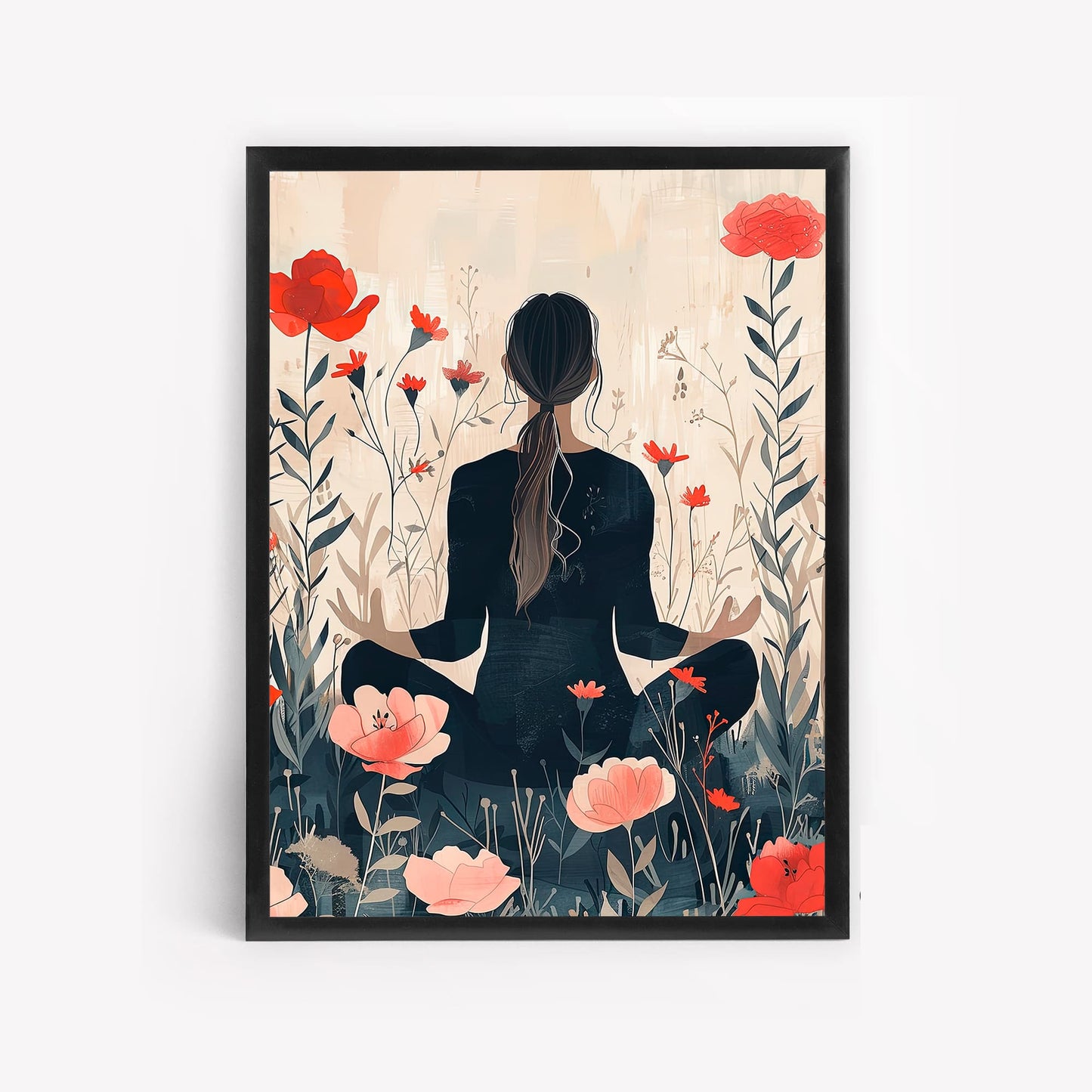 Digital Style Yoga With Flower Background Wall Art