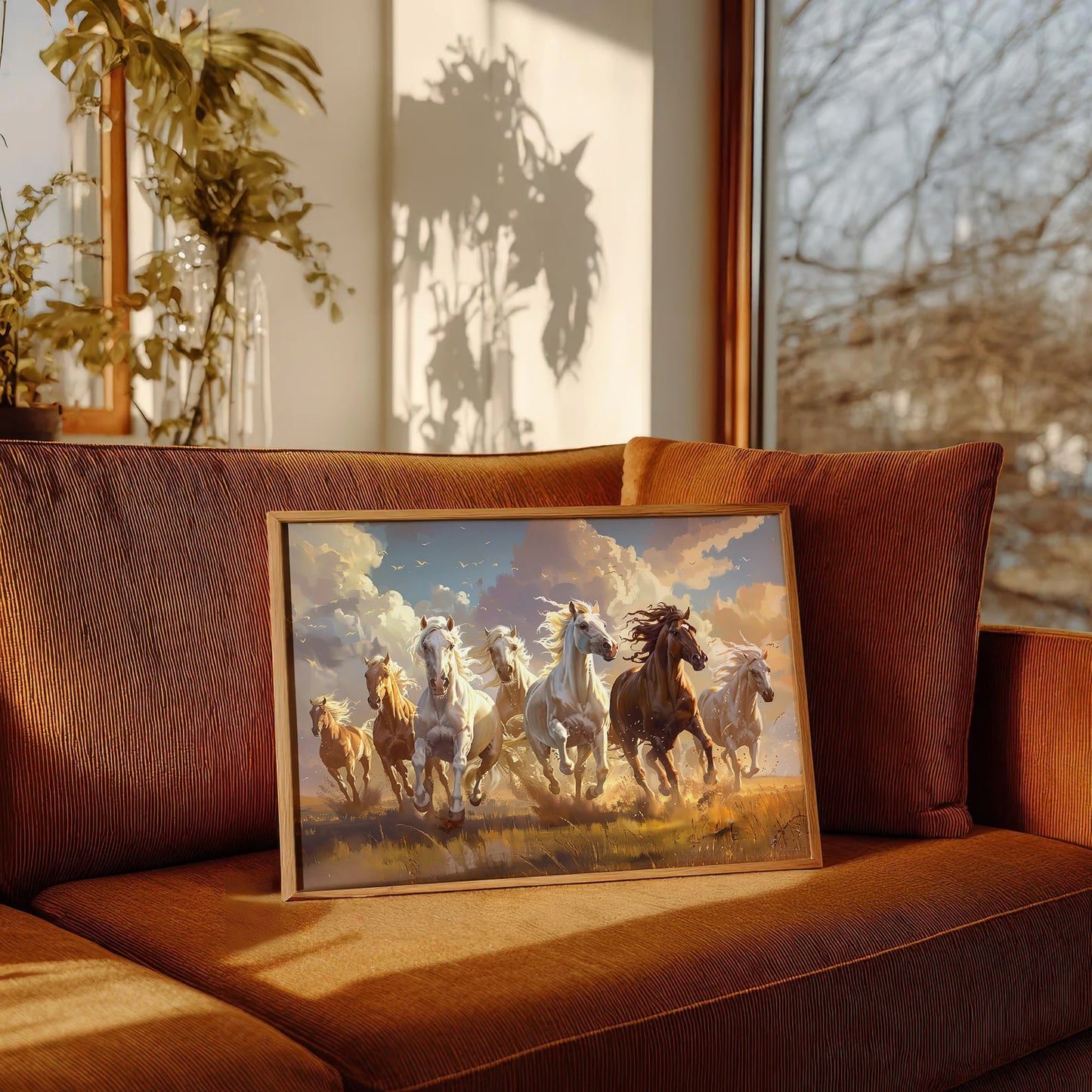 7 Running Horses Vastu Wall Art Frame | Lucky Horse Painting for Home & Office Prosperity Decor