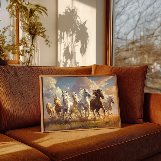7 Running Horses Vastu Wall Art Frame | Lucky Horse Painting for Home & Office Prosperity Decor