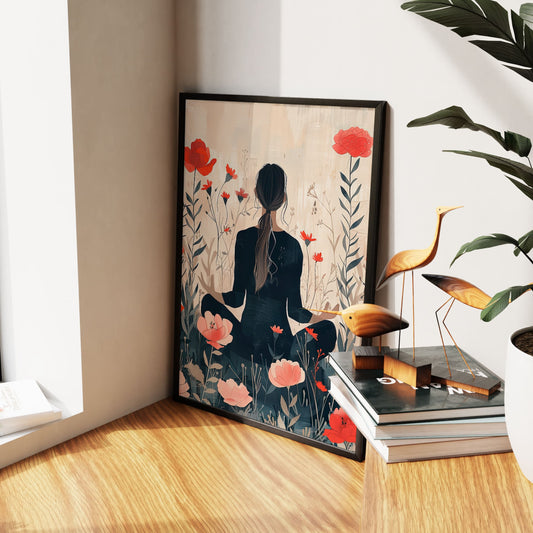 Digital Style Yoga With Flower Background Wall Art
