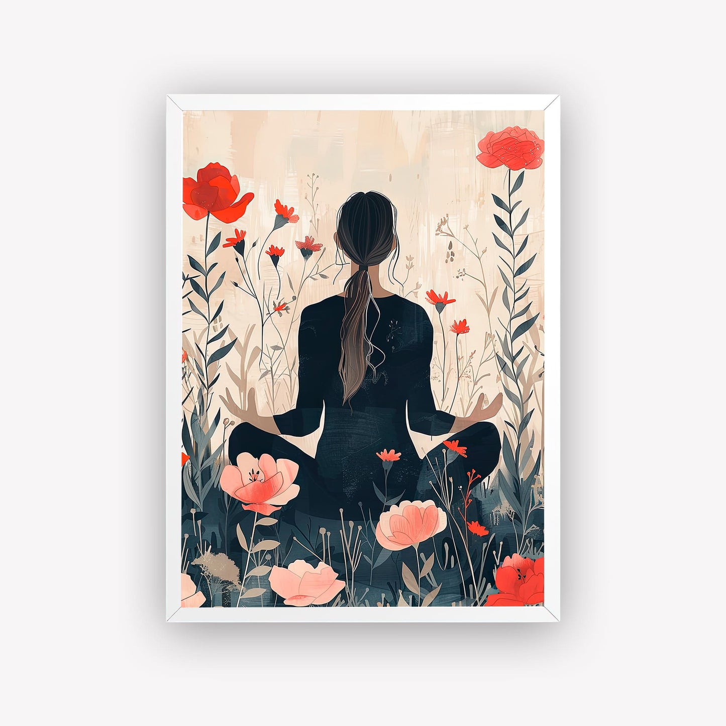Digital Style Yoga With Flower Background Wall Art