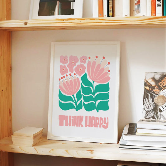 Think Happy Floral Wall Art, Aesthetic Flower Painting for Office, Bedroom or Hallway