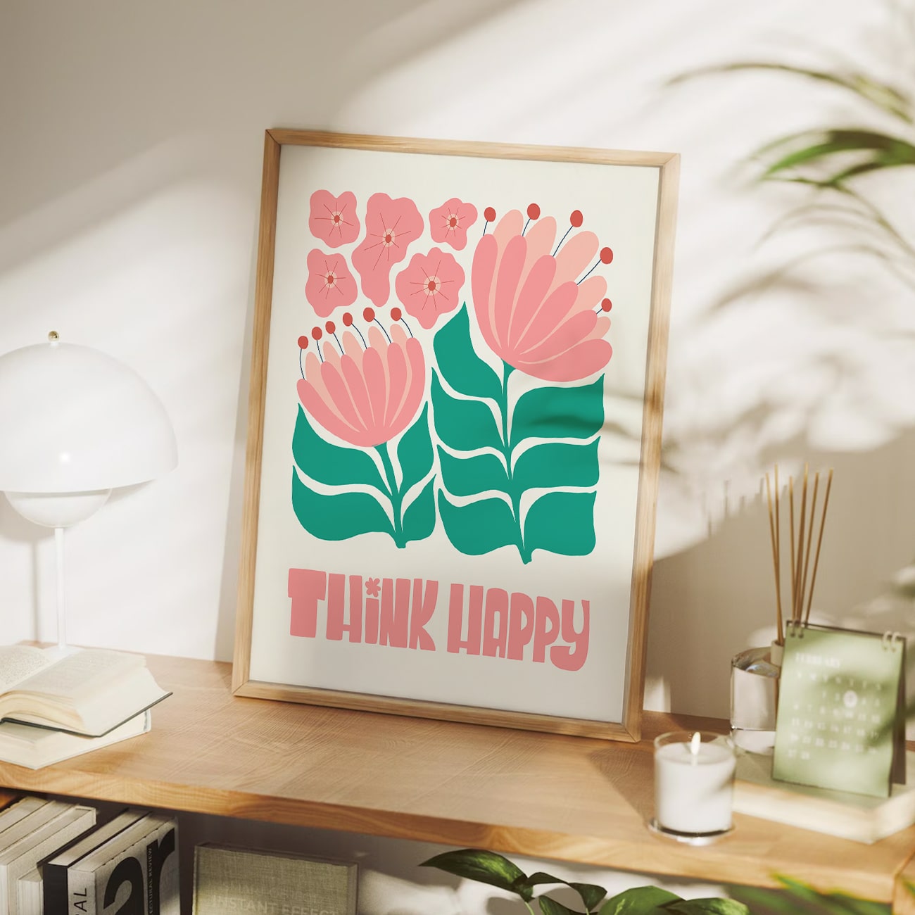 Think Happy Floral Wall Art, Aesthetic Flower Painting for Office, Bedroom or Hallway